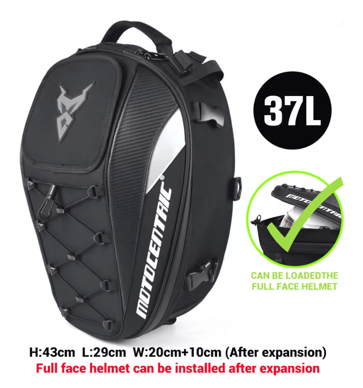 MotoCentric Waterproof Motorcycle Tail Bag And Rider Backpack For Helmet And Gear Storage 4