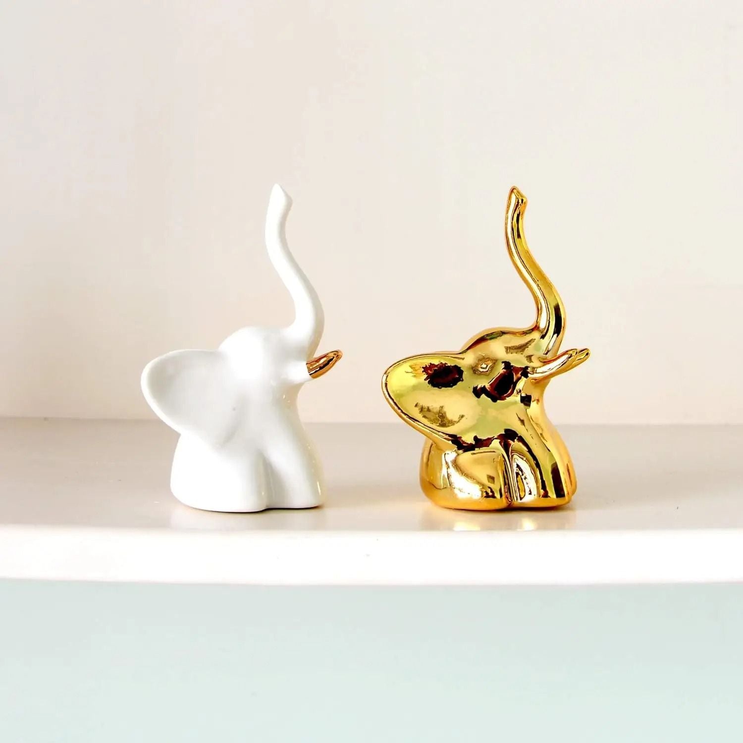 Gold And White Ceramic Elephant Statue Pair Small Decorative Accents For Living Room 1