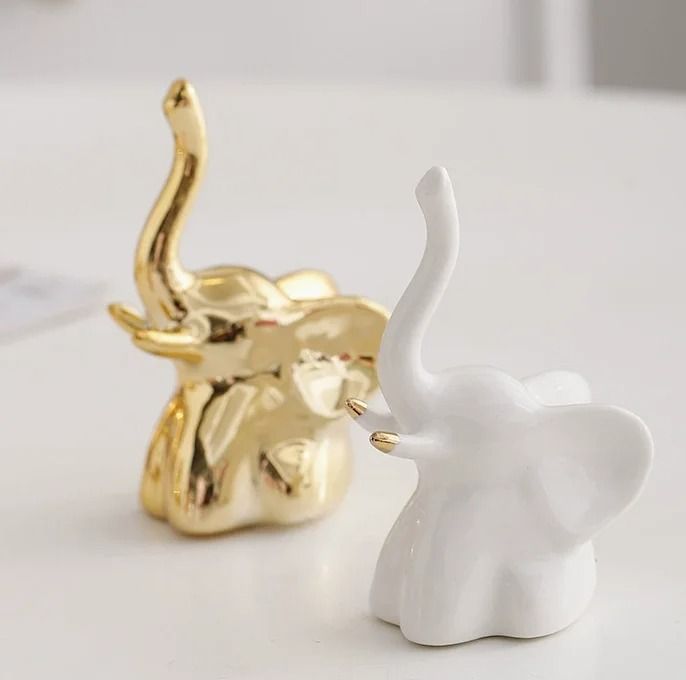 Gold And White Ceramic Elephant Statue Pair Small Decorative Accents For Living Room 4