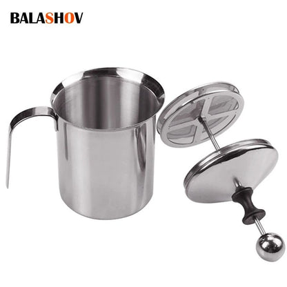 Stainless Steel Milk Frother 400ml – Double Mesh Manual Creamer for Coffee and Milk Foam