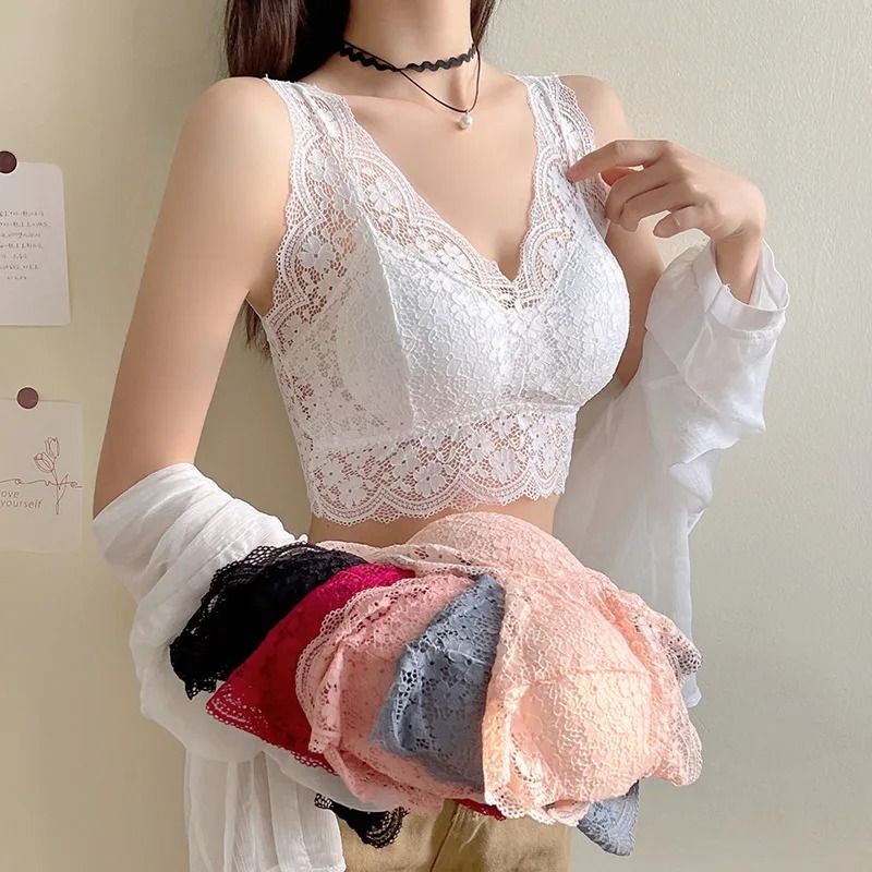 Lace Deep V Neck Wire Free Bralette Tank Top for Women