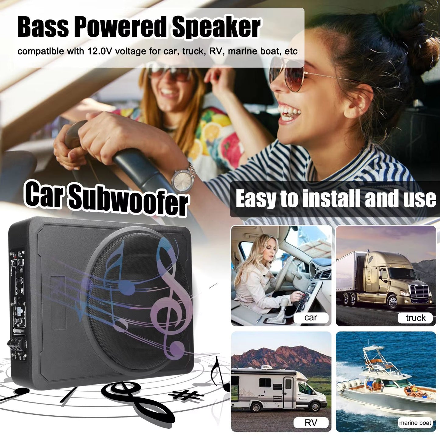 800W UnderSeat Active Subwoofer Bass Box  Slim Amplifier Subwoofer For Car Truck  Boat Audio 1