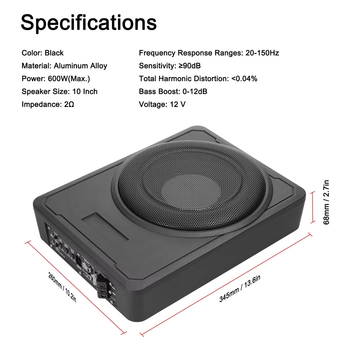 800W UnderSeat Active Subwoofer Bass Box  Slim Amplifier Subwoofer For Car Truck  Boat Audio 5