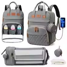 TravelEase 3-in-1 Diaper Bag Backpack with Foldable Baby Bed – Waterproof USB Charging Travel Bag