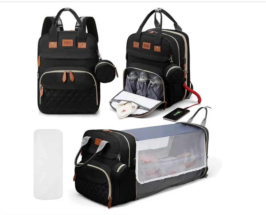 TravelEase 3in1 Diaper Bag Backpack With Foldable Baby Bed  Waterproof USB Charging Travel Bag 9