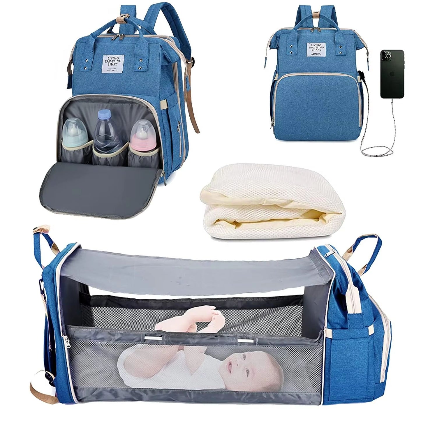 TravelEase 3in1 Diaper Bag Backpack With Foldable Baby Bed  Waterproof USB Charging Travel Bag 10