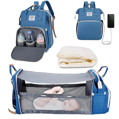 TravelEase 3in1 Diaper Bag Backpack With Foldable Baby Bed  Waterproof USB Charging Travel Bag 10