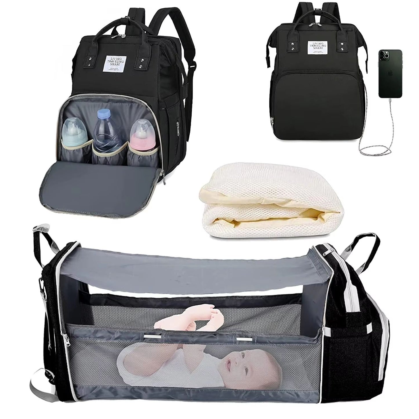 TravelEase 3in1 Diaper Bag Backpack With Foldable Baby Bed  Waterproof USB Charging Travel Bag 11