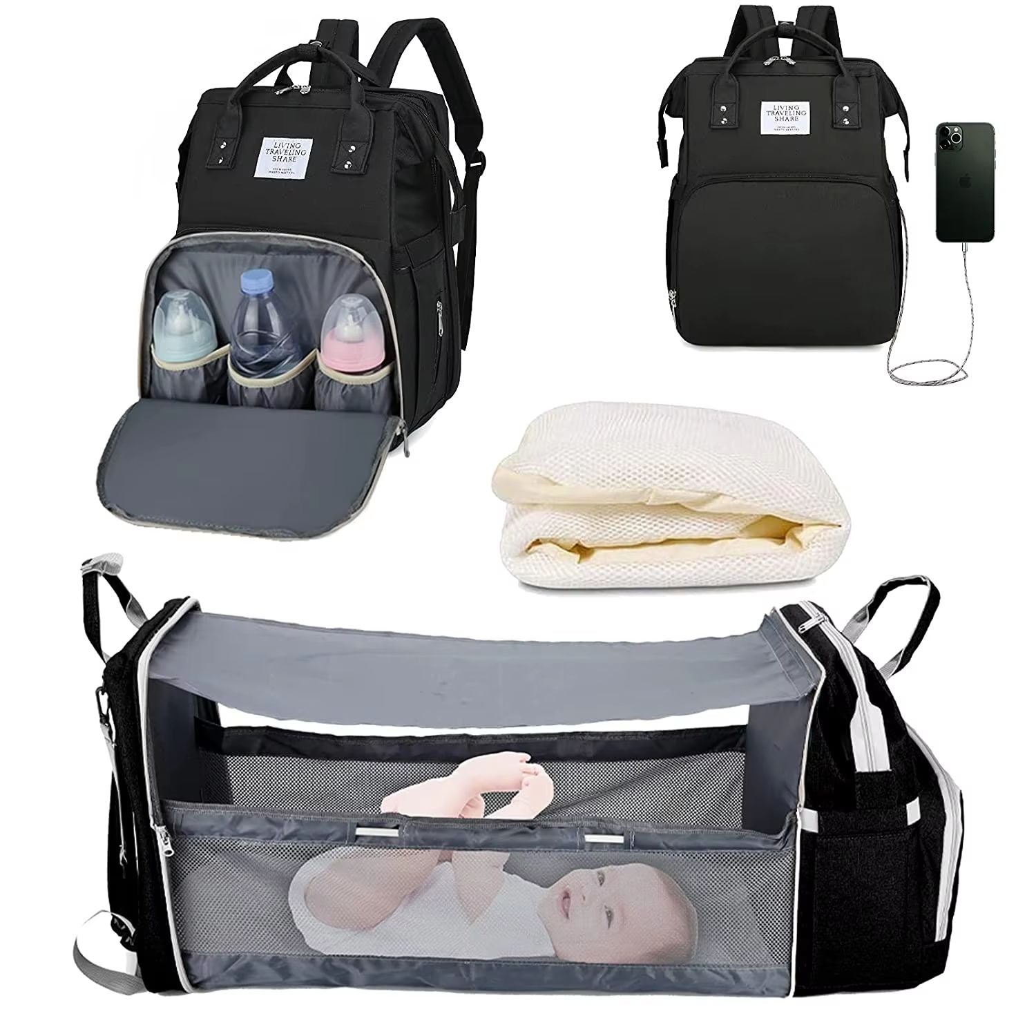 TravelEase 3in1 Diaper Bag Backpack With Foldable Baby Bed  Waterproof USB Charging Travel Bag 11