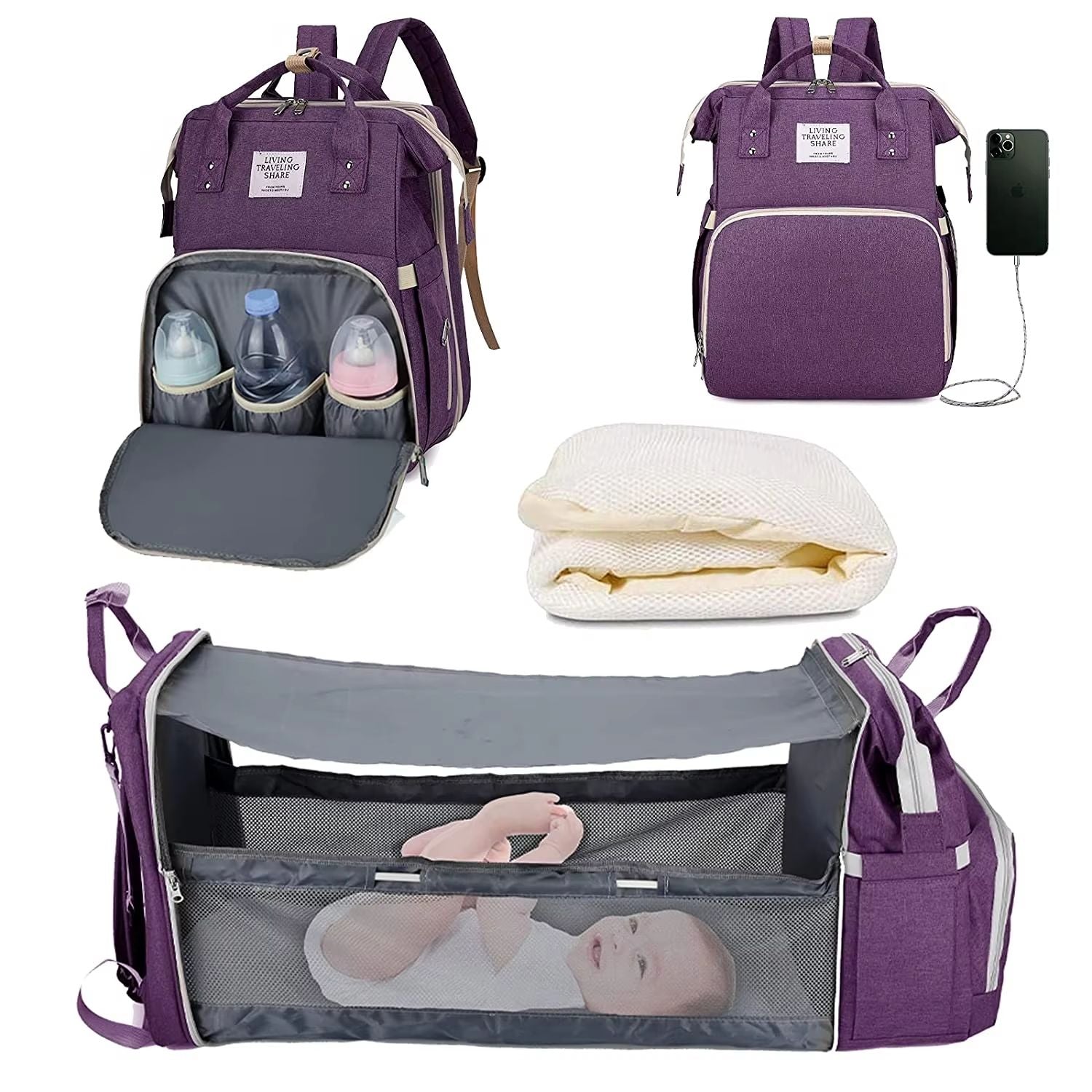 TravelEase 3in1 Diaper Bag Backpack With Foldable Baby Bed  Waterproof USB Charging Travel Bag 12
