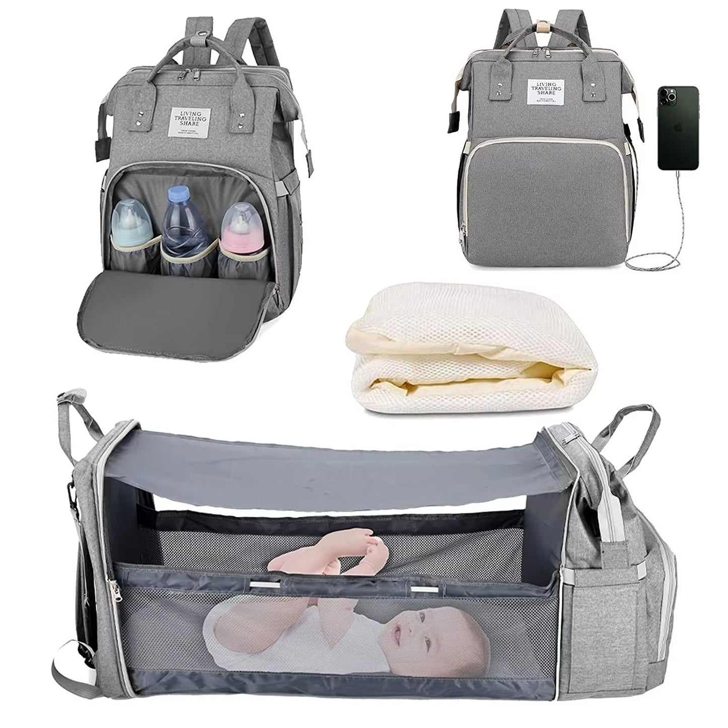 TravelEase 3in1 Diaper Bag Backpack With Foldable Baby Bed  Waterproof USB Charging Travel Bag 13