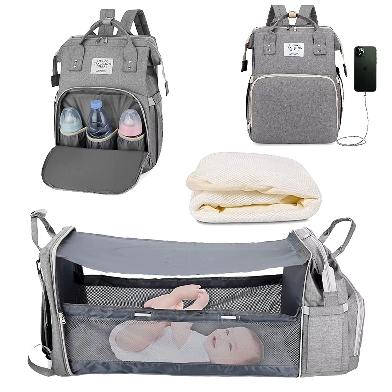 TravelEase 3in1 Diaper Bag Backpack With Foldable Baby Bed  Waterproof USB Charging Travel Bag 13