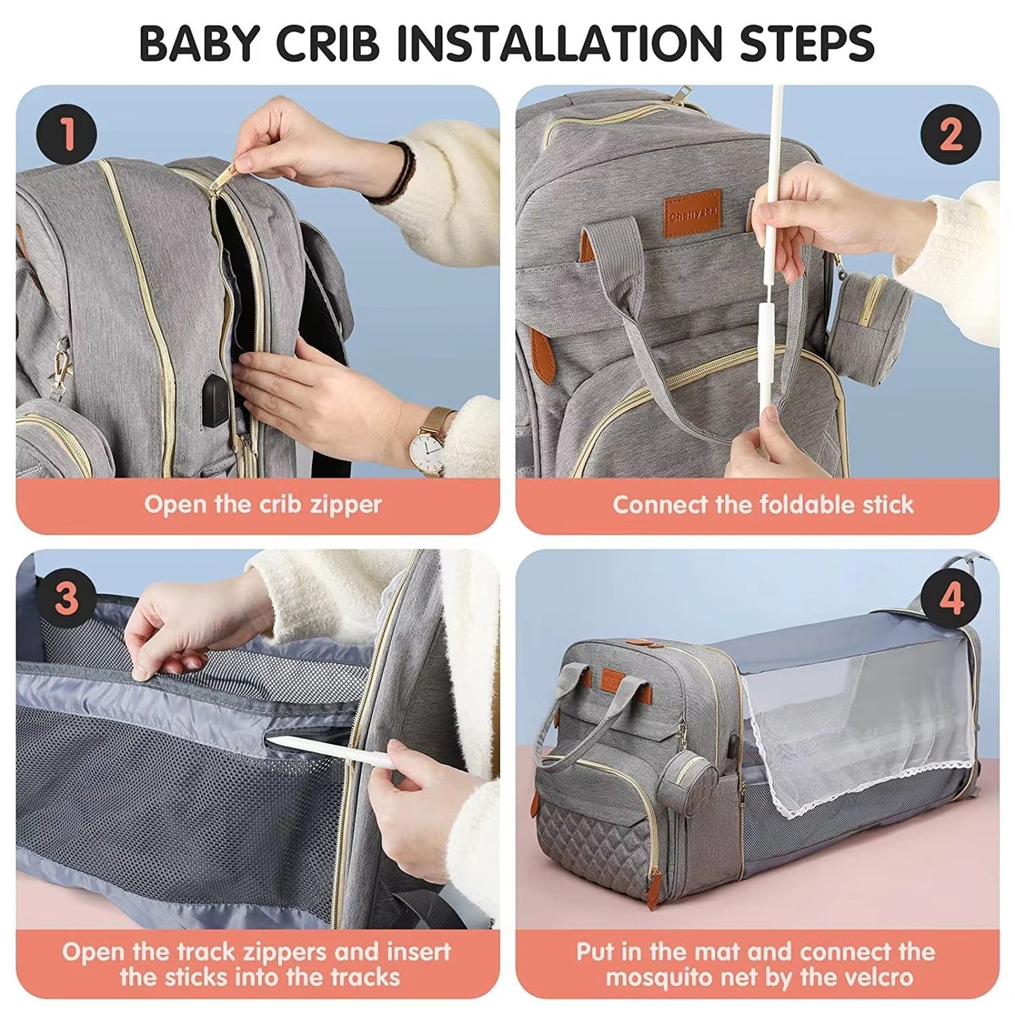 TravelEase 3in1 Diaper Bag Backpack With Foldable Baby Bed  Waterproof USB Charging Travel Bag 1