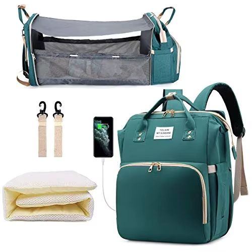 TravelEase 3in1 Diaper Bag Backpack With Foldable Baby Bed  Waterproof USB Charging Travel Bag 6