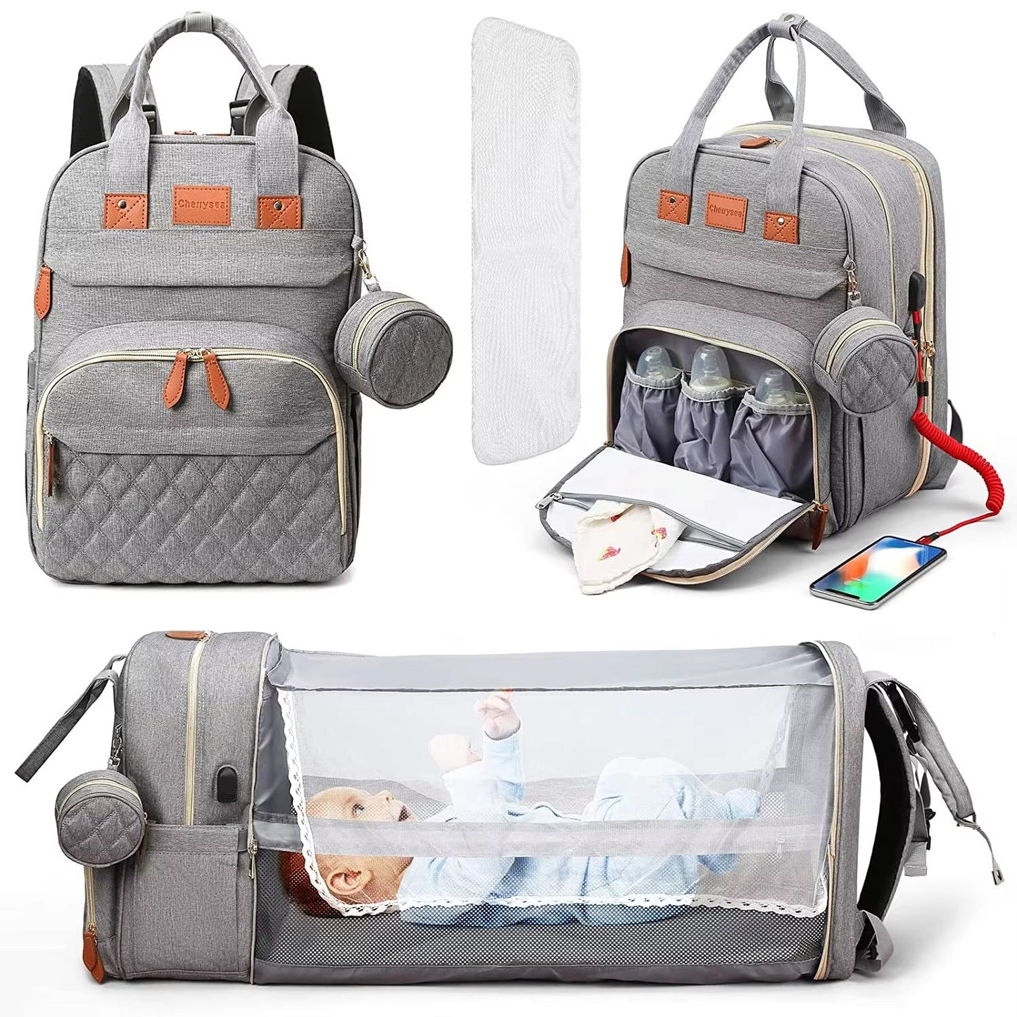 TravelEase 3in1 Diaper Bag Backpack With Foldable Baby Bed  Waterproof USB Charging Travel Bag 7
