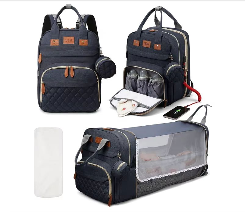 TravelEase 3in1 Diaper Bag Backpack With Foldable Baby Bed  Waterproof USB Charging Travel Bag 8