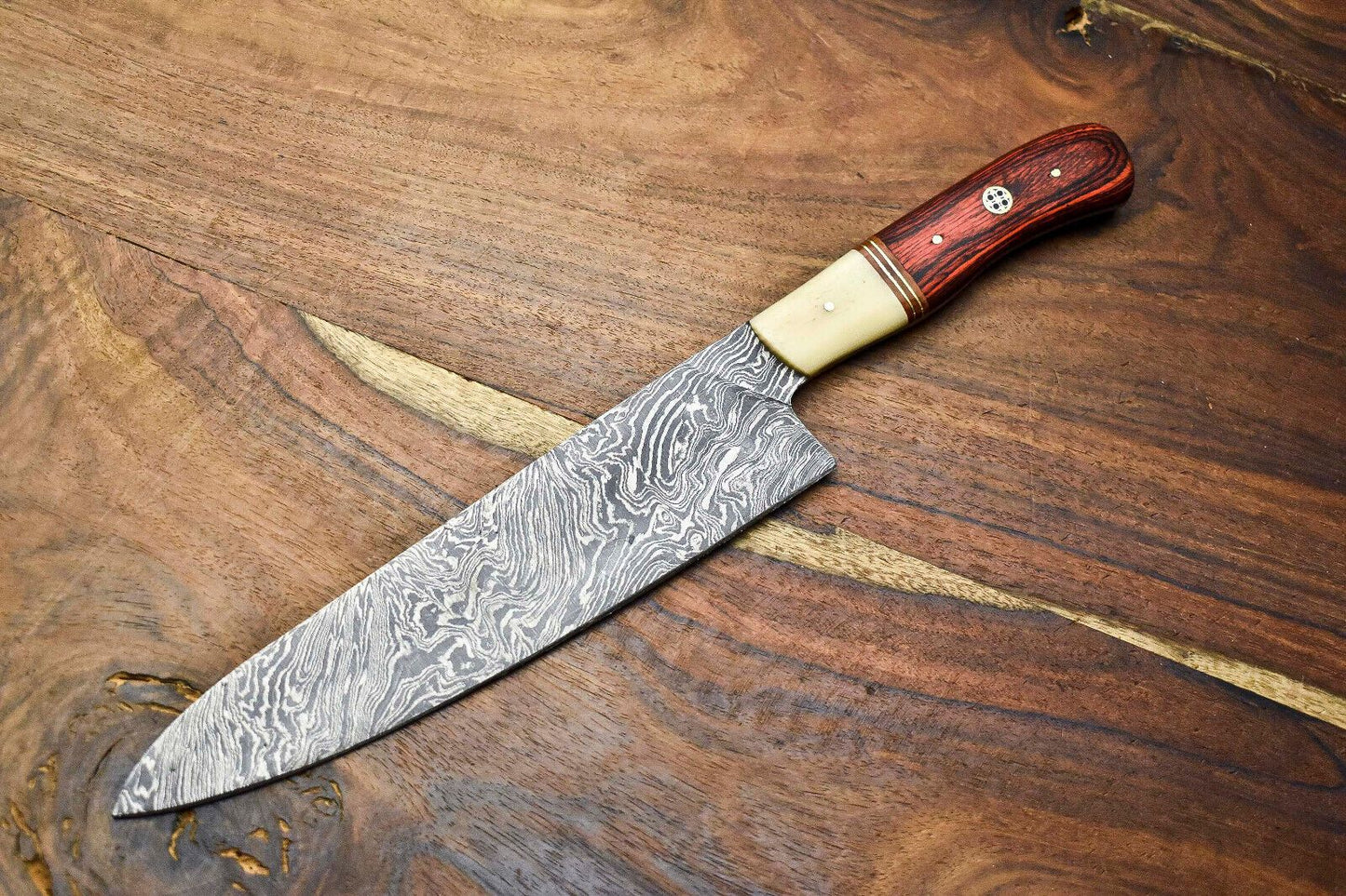 Custom Damascus Steel Kitchen Knife | Handcrafted Full Tang Chef & Outdoor Knife