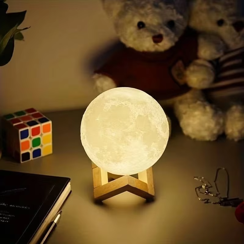 LED Night Lamp, Moon Ball Luminous Battery Model, DIY Planet Lamp, Wooden Stand, Moon Lamp, Perfect Gifts for Girls Boys