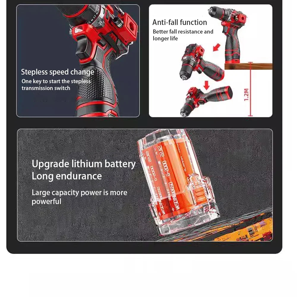 Brushless Electric Drill, Powerful Cordless Impact Driver with Metal Chuck, Drilling and Screwdriving Tools for Home DIY