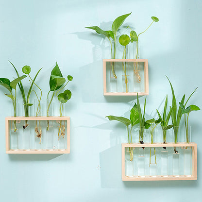 Wood Frame Glass Vase, Hydroponic Plant Container, Transparent Test Tube Flower Pot, Tabletop Bonsai Home Decor Crafts
