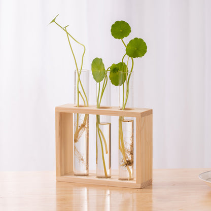 Wood Frame Glass Vase, Hydroponic Plant Container, Transparent Test Tube Flower Pot, Tabletop Bonsai Home Decor Crafts