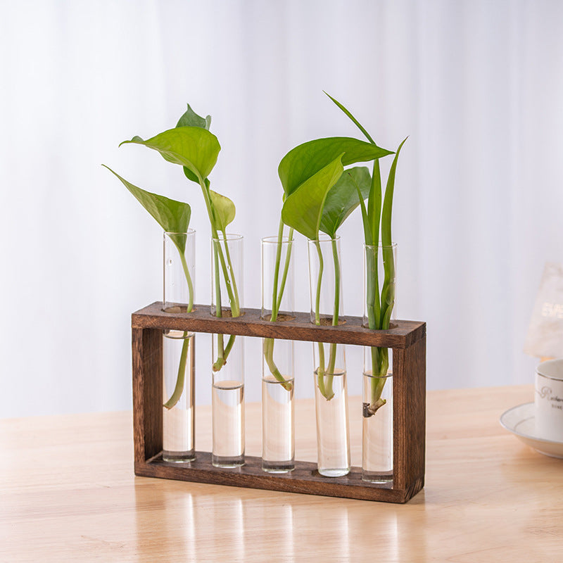 Wood Frame Glass Vase, Hydroponic Plant Container, Transparent Test Tube Flower Pot, Tabletop Bonsai Home Decor Crafts