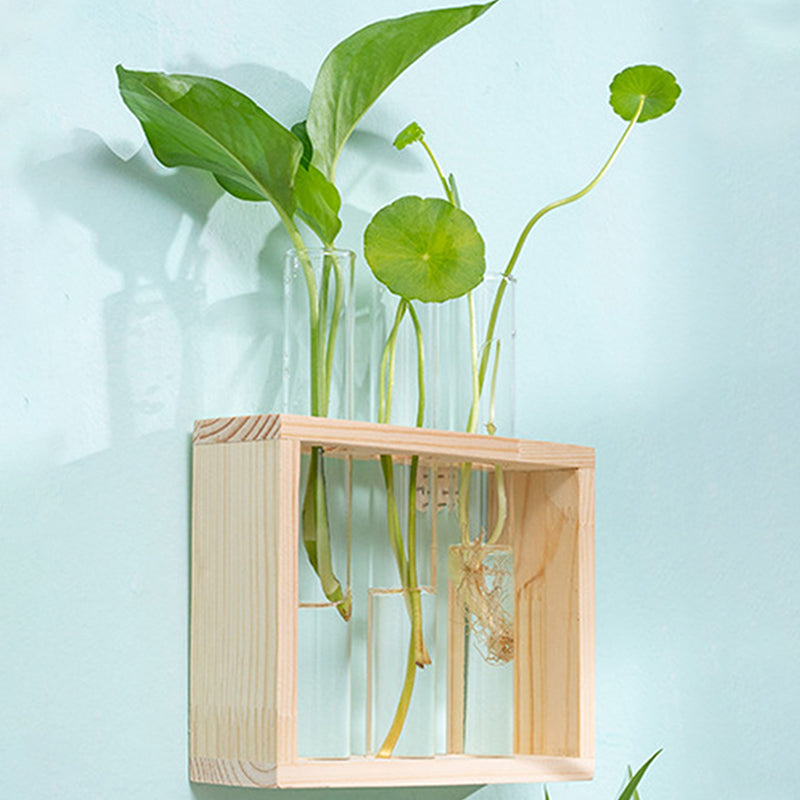 Wood Frame Glass Vase, Hydroponic Plant Container, Transparent Test Tube Flower Pot, Tabletop Bonsai Home Decor Crafts