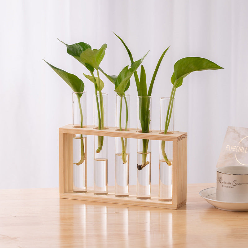 Wood Frame Glass Vase, Hydroponic Plant Container, Transparent Test Tube Flower Pot, Tabletop Bonsai Home Decor Crafts