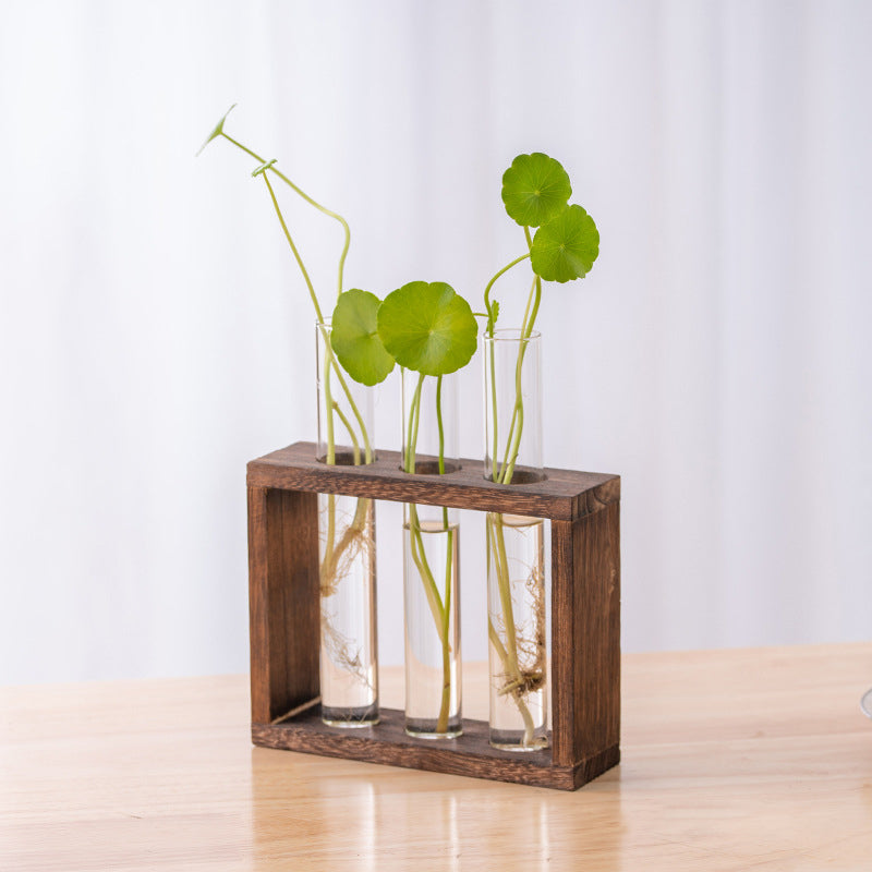 Wood Frame Glass Vase, Hydroponic Plant Container, Transparent Test Tube Flower Pot, Tabletop Bonsai Home Decor Crafts