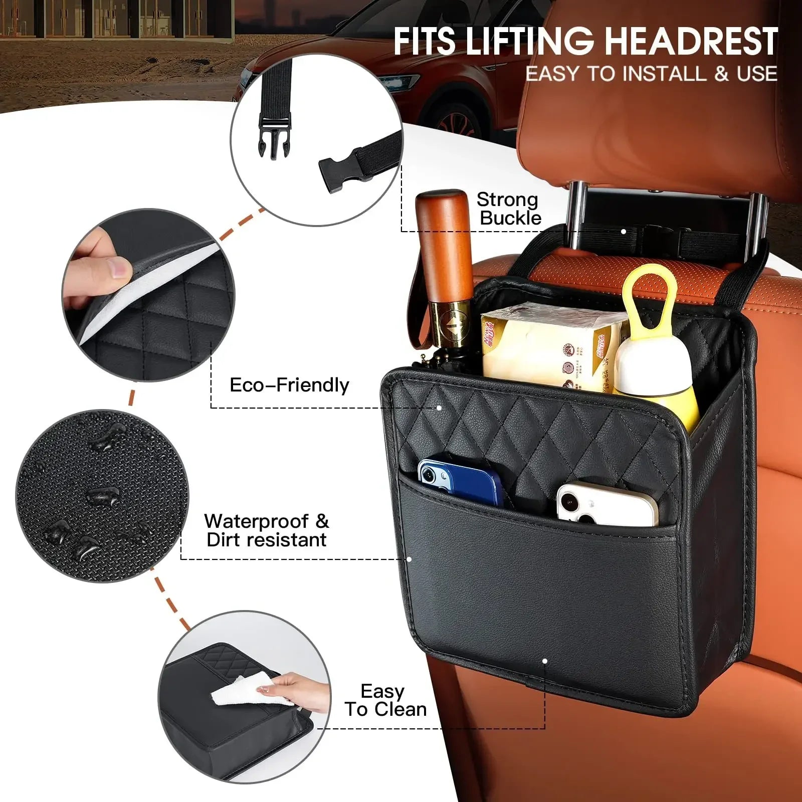 PU Leather Car Seat Organizer, Universal Storage Bag, Waterproof Multi-Pocket Back Seat Holder with Cup, Tissue