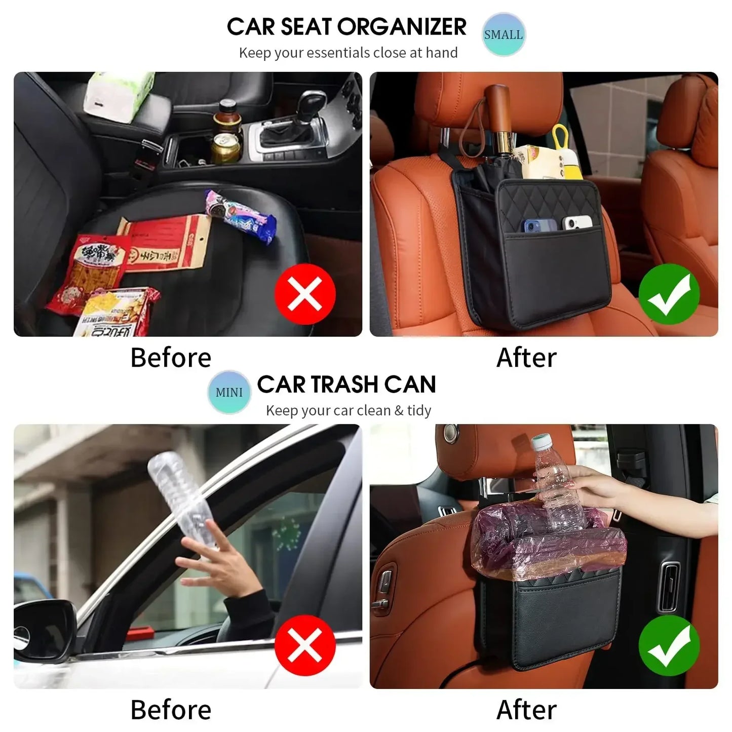PU Leather Car Seat Organizer, Universal Storage Bag, Waterproof Multi-Pocket Back Seat Holder with Cup, Tissue