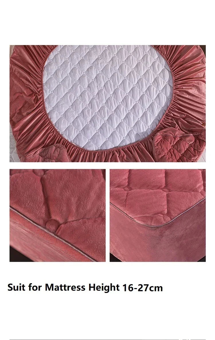 Plush Thicken Quilted Mattress Cover, Warm Soft Crystal Velvet, King Queen Quilted Bed Fitted Sheet