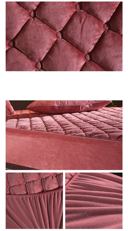 Plush Thicken Quilted Mattress Cover, Warm Soft Crystal Velvet, King Queen Quilted Bed Fitted Sheet