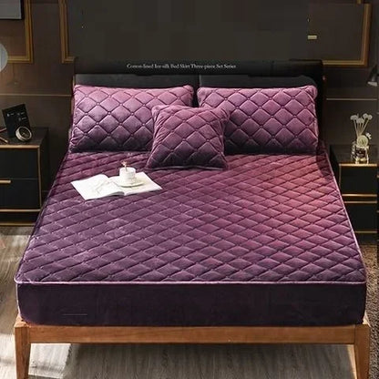 Plush Thicken Quilted Mattress Cover, Warm Soft Crystal Velvet, King Queen Quilted Bed Fitted Sheet