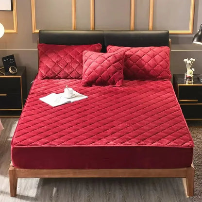 Plush Thicken Quilted Mattress Cover, Warm Soft Crystal Velvet, King Queen Quilted Bed Fitted Sheet