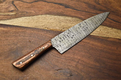 Damascus Steel Kitchen Knife | Hand Forged Fillet Blade with Steel Bolster Grip