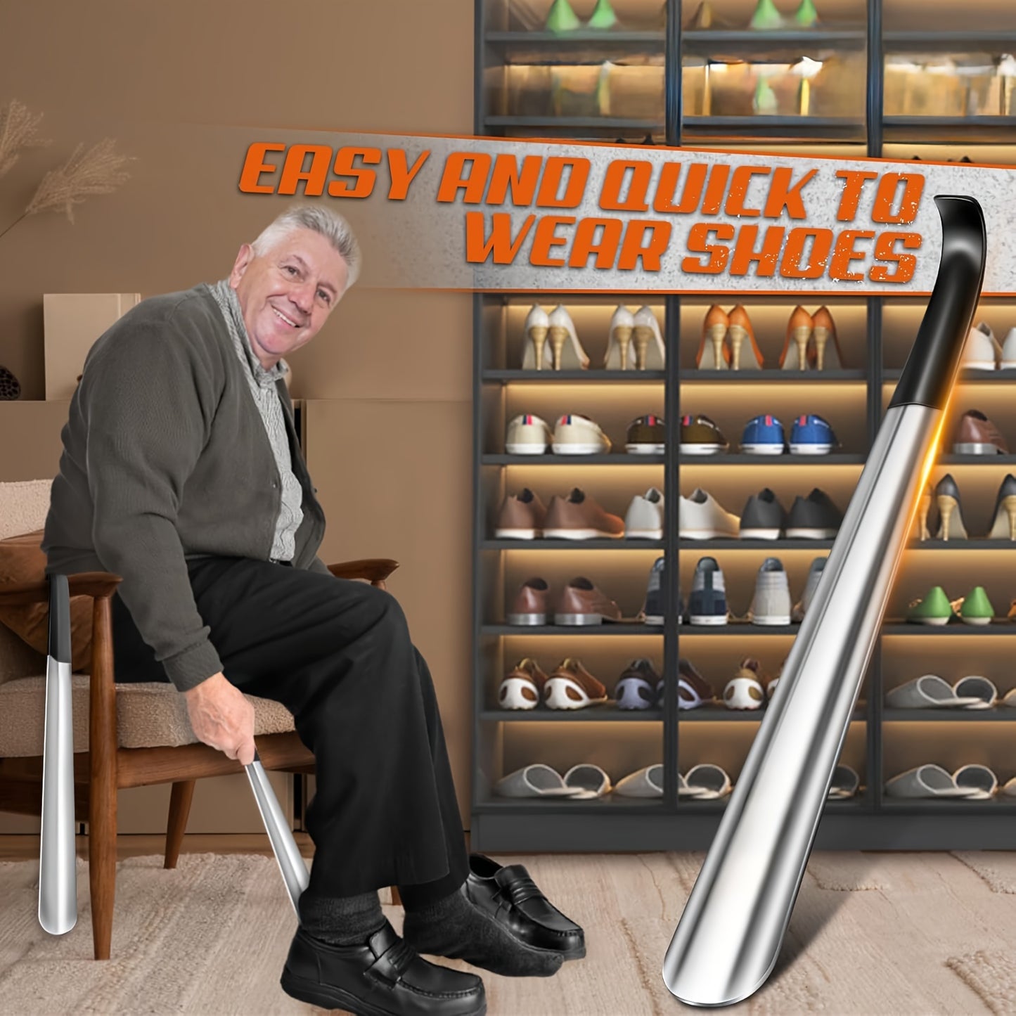 Ergonomic Stainless Steel Shoehorn, Long Handle Easy Grip Metal Shoe Horn for Seniors