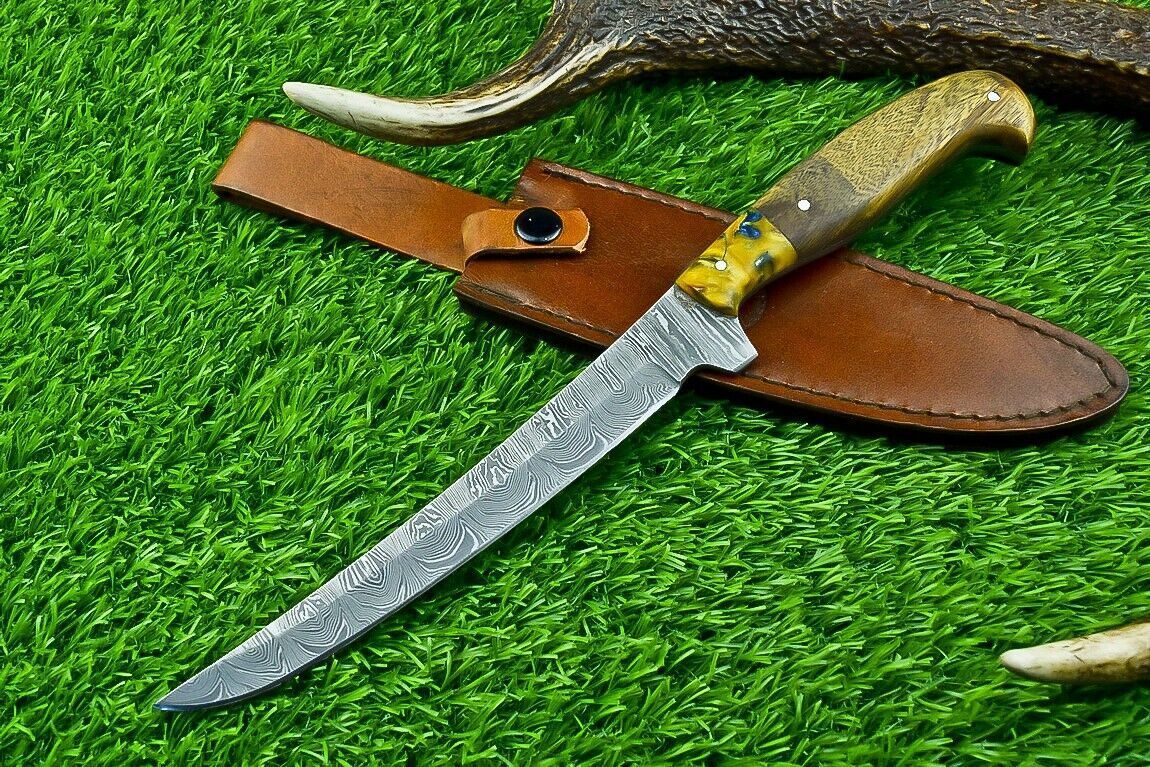 Artisan Forged Damascus Steel Knife  Handmade Fillet Blade With Steel Bolster 3