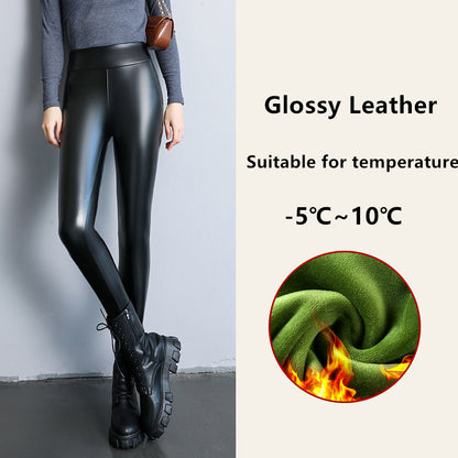 Winter Leather Leggings For Women High Waist Fleece Lined Warm Lamb Fluff Slim Pencil Pant Thicken  3