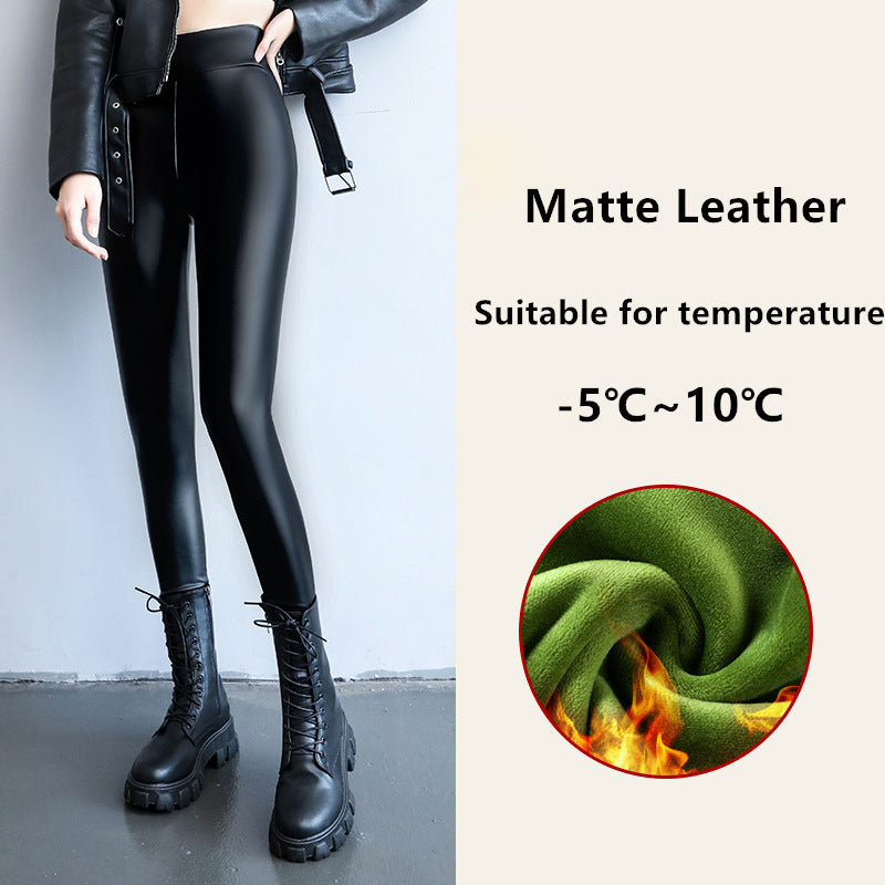 Winter Leather Leggings For Women High Waist Fleece Lined Warm Lamb Fluff Slim Pencil Pant Thicken  5