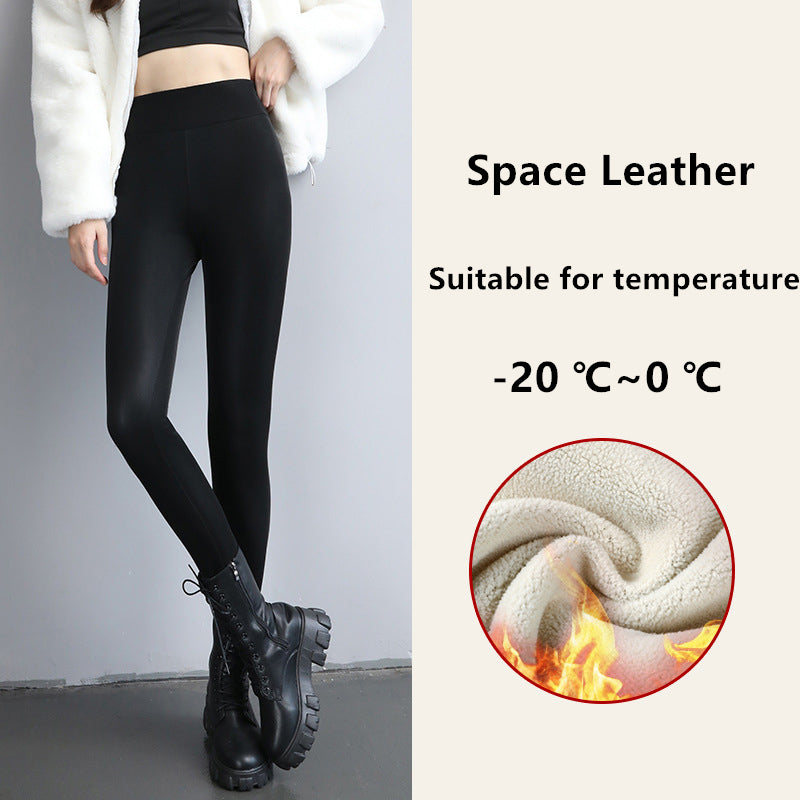 Winter Leather Leggings For Women High Waist Fleece Lined Warm Lamb Fluff Slim Pencil Pant Thicken  6