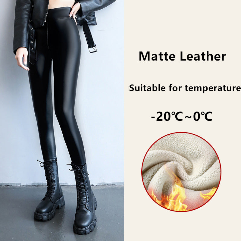 Winter Leather Leggings For Women High Waist Fleece Lined Warm Lamb Fluff Slim Pencil Pant Thicken  8