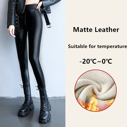 Winter Leather Leggings For Women High Waist Fleece Lined Warm Lamb Fluff Slim Pencil Pant Thicken  8