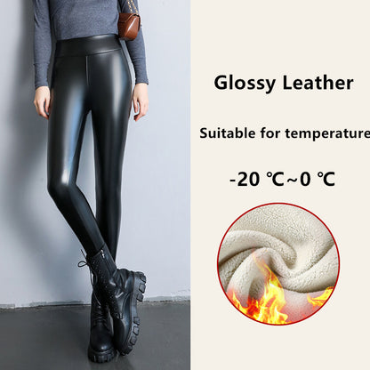 Winter Leather Leggings For Women High Waist Fleece Lined Warm Lamb Fluff Slim Pencil Pant Thicken  9