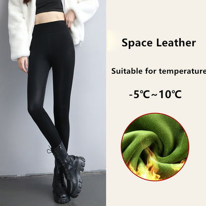 Winter Leather Leggings For Women High Waist Fleece Lined Warm Lamb Fluff Slim Pencil Pant Thicken  7