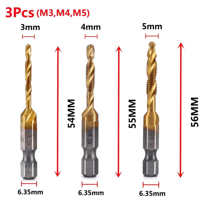 Titanium Plated HSS Hex Shank Screw Tap Drill Bits  Metric M3M10 17