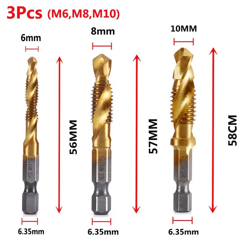 Titanium Plated HSS Hex Shank Screw Tap Drill Bits  Metric M3M10 18