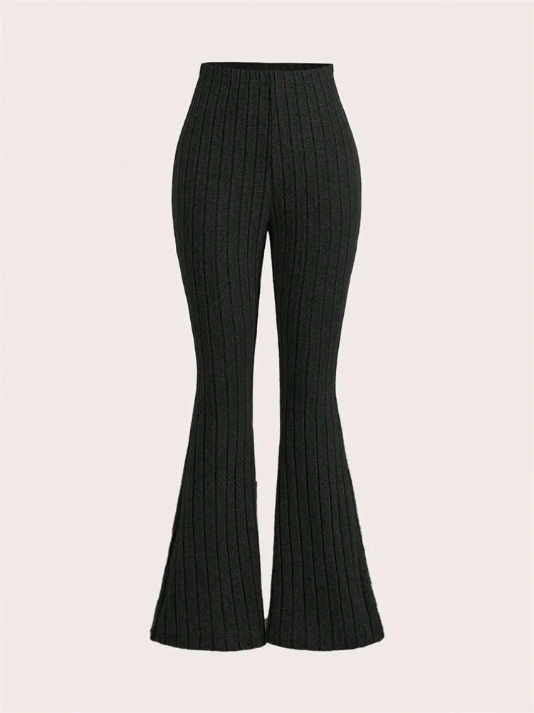 High Waist Ribbed Flared Leggings, Women's Solid Color, Slim Fit, Casual Workout Fitness, for Spring Autumn Winter
