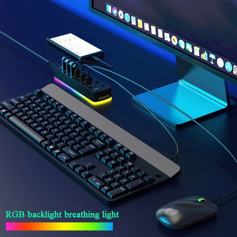 RGB USB 30 Hub 7 Ports Data Port Adapter 5Gbps Individual On Off Switch 2