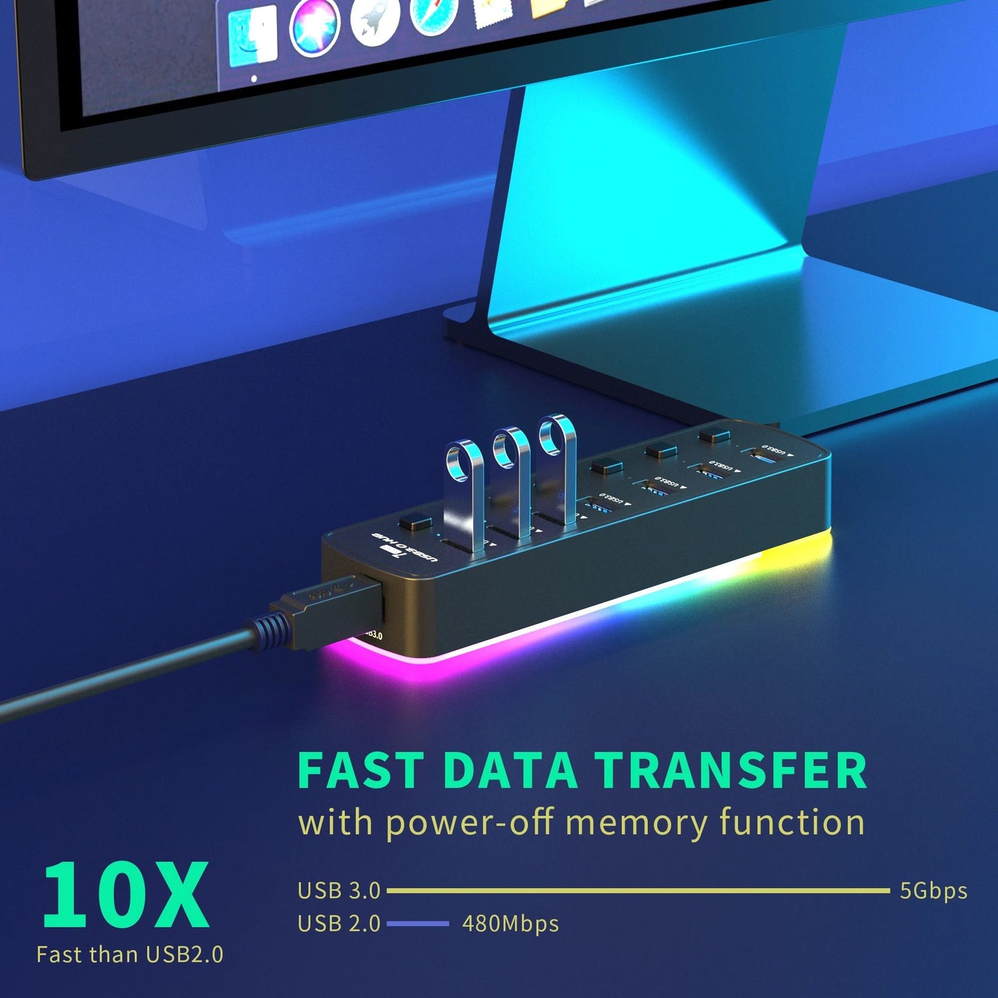 RGB USB 30 Hub 7 Ports Data Port Adapter 5Gbps Individual On Off Switch 4